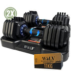 WOLV verstelbare dumbbells 11 kg set van 2 met 2X badge, verpakking en pijlen voor de draaiknopverstelling