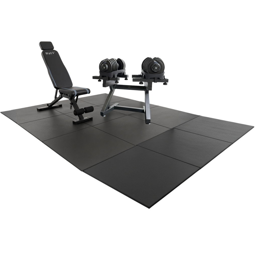 WOLV Ultimate Home Gym Pakket | Bastion Bank, 2×40 KG Halters, Halterrek & Rubberen Tegels