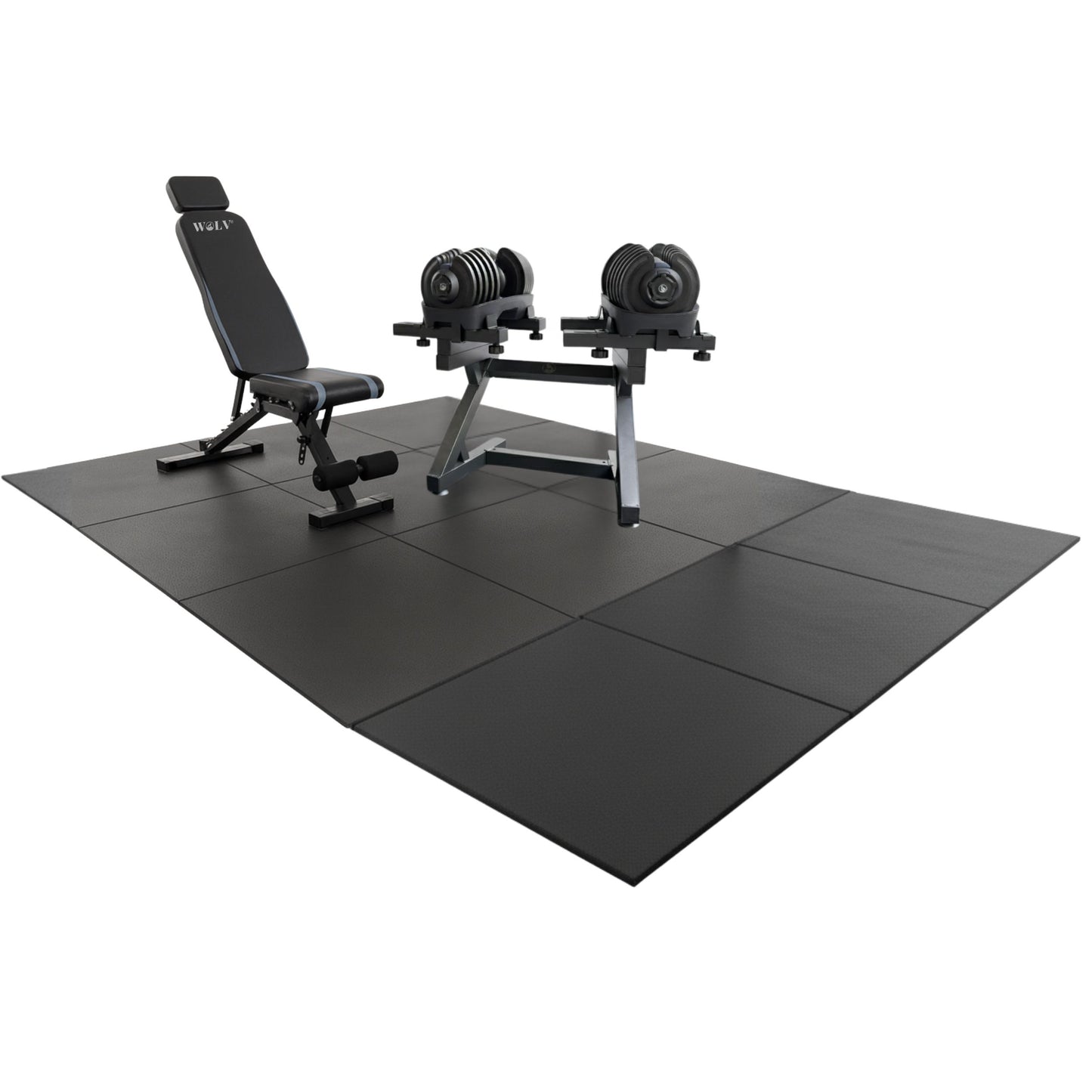 WOLV Ultimate Home Gym Pakket | Bastion Bank, 2×40 KG Dumbbells, Lift Rack & Rubberen Tegels (6 / 9 / 12 stuks)
