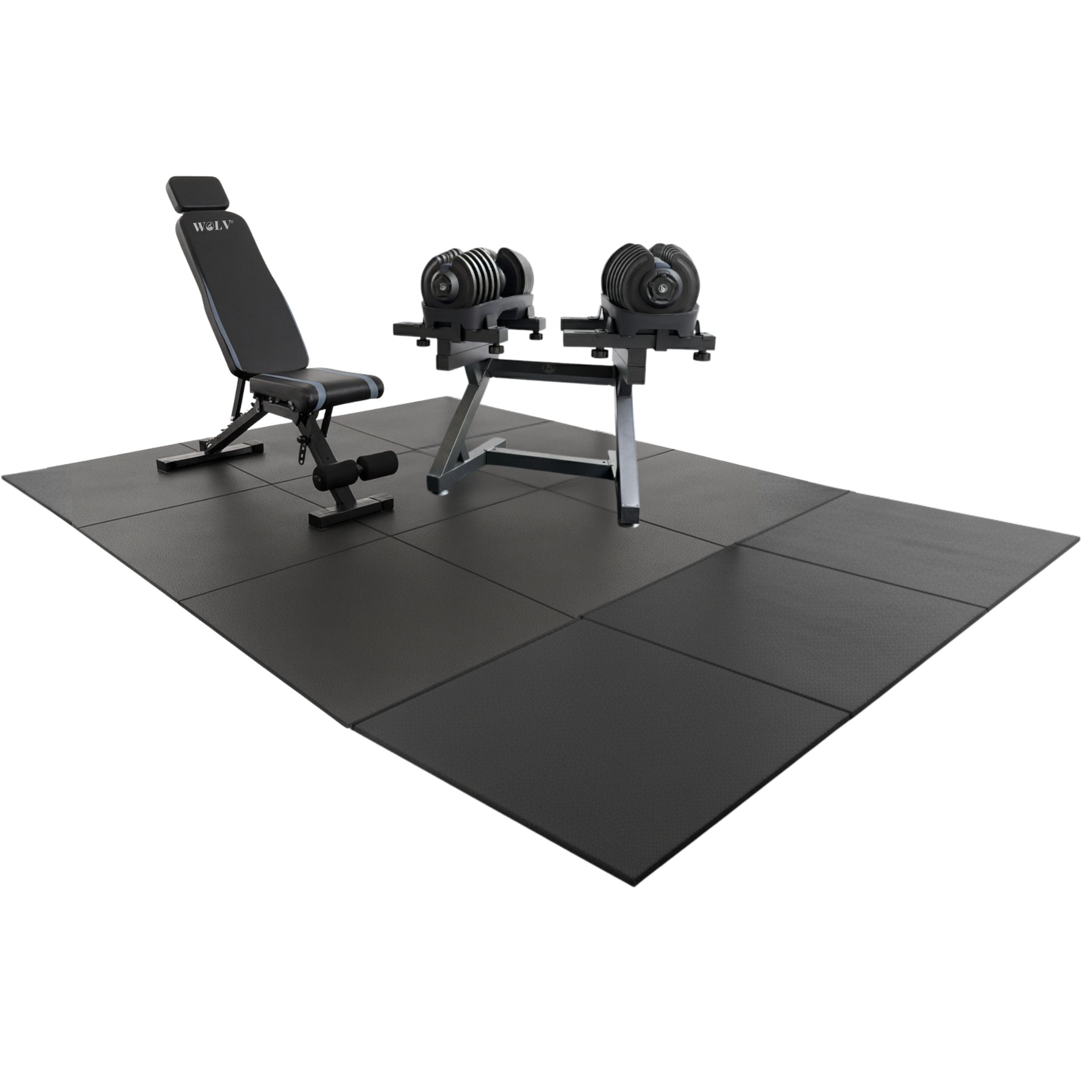 WOLV Ultimate Home Gym Pakket | Bastion Bank, 2×40 KG Halters, Halterrek & Rubberen Tegels