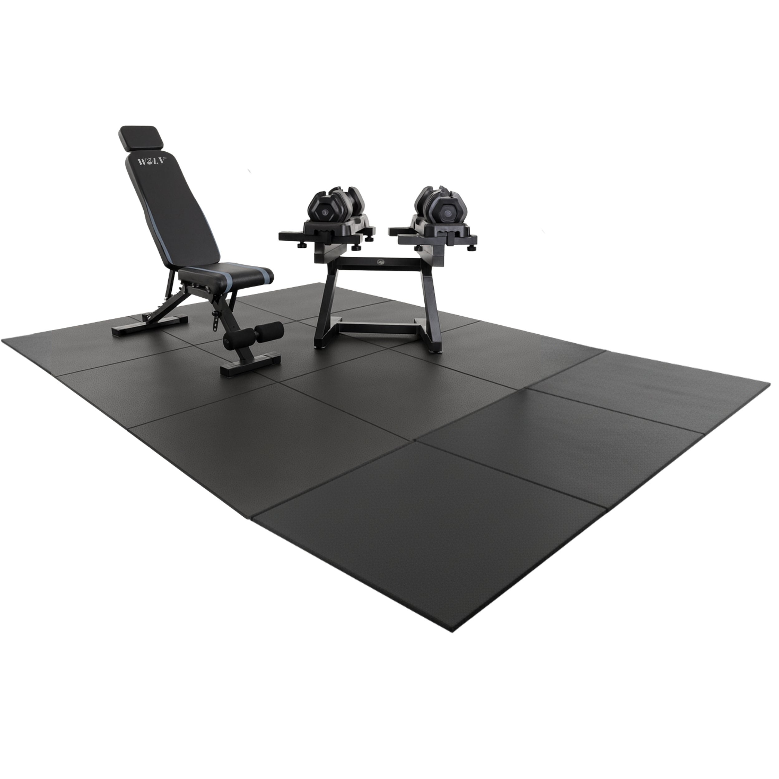WOLV Ultimate Home Gym Package | Bastion Bench, 2x25 KG Dumbbells, Lift Rack & Rubber Tiles