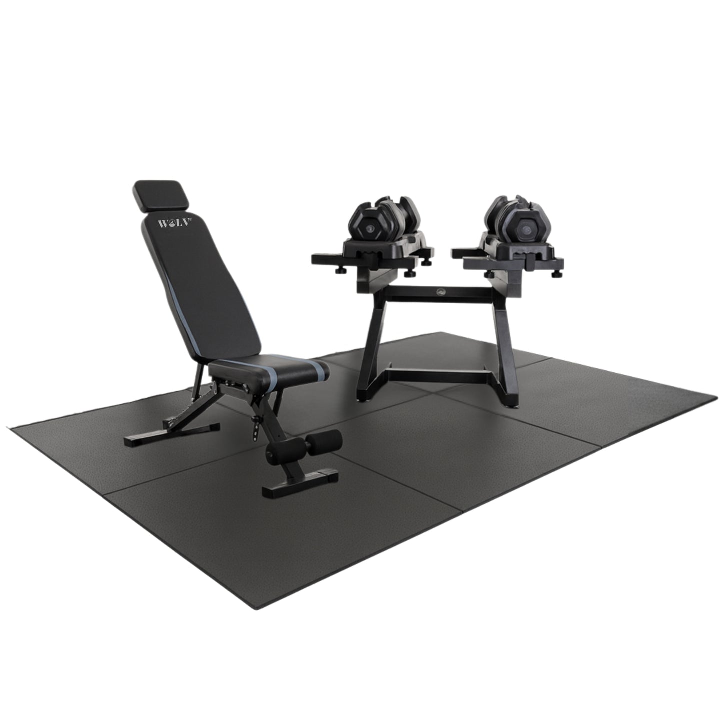 WOLV Ultimate Home Gym Pakket | Bastion Bank, 2×25 KG Dumbbells, Lift Rack & Rubberen Tegels