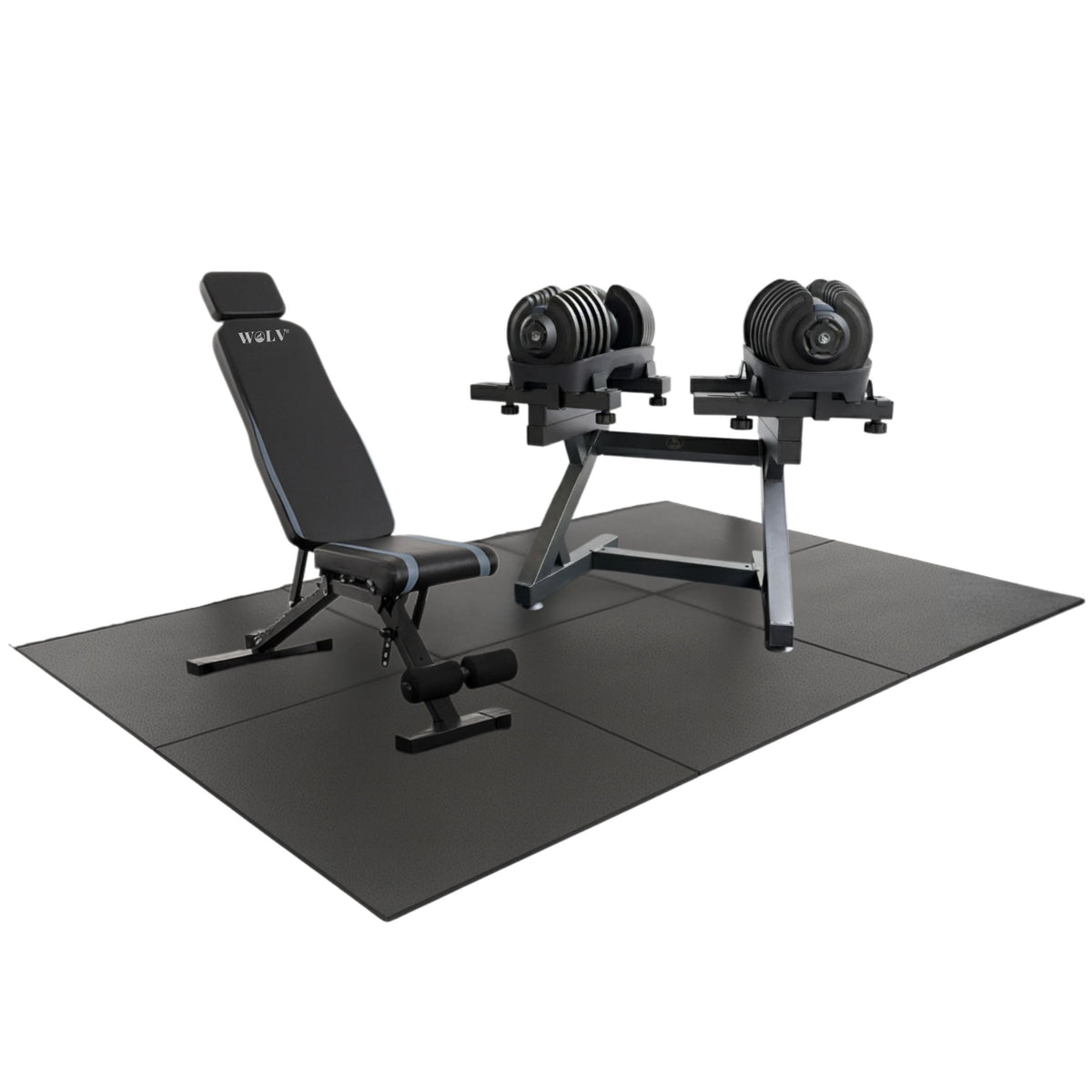 WOLV Home Gym Setup with 6 rubber floor tiles, adjustable bench and dumbbells on their rack