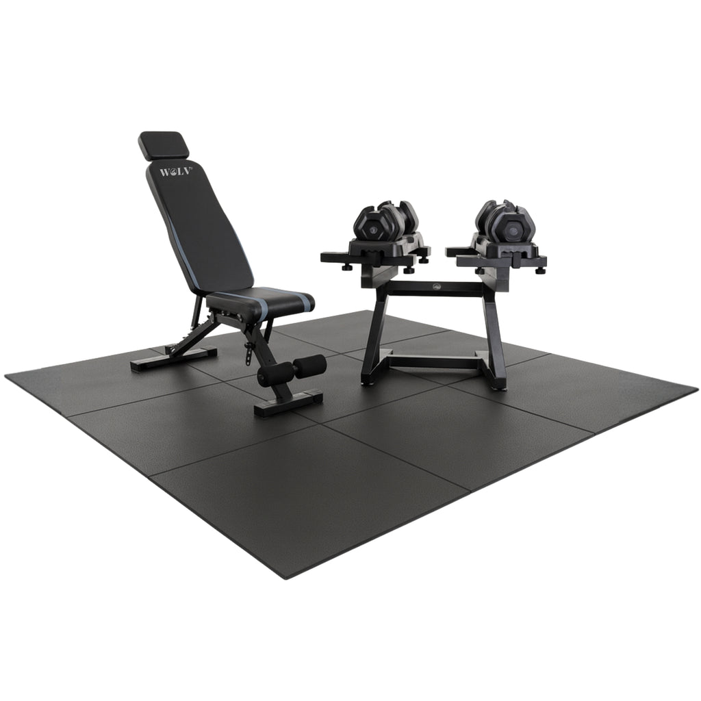 Square 9-tile layout of the WOLV Home Gym Setup, bench and adjustable dumbbells ready to train
