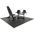 Square 9-tile layout of the WOLV Home Gym Setup, bench and adjustable dumbbells ready to train