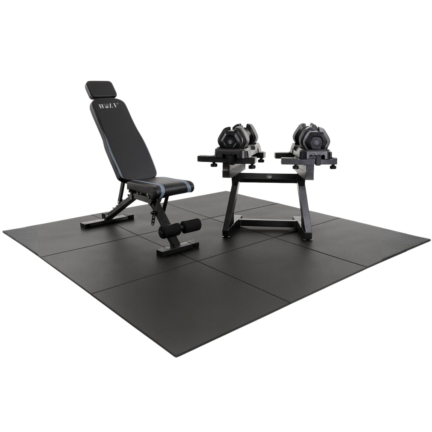 WOLV Ultimate Home Gym Pakket | Bastion Bank, 2×25 KG Dumbbells, Lift Rack & Rubberen Tegels