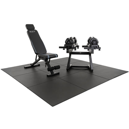 WOLV Ultimate Home Gym Pakket | Bastion Bank, 2×25 KG Dumbbells, Lift Rack & Rubberen Tegels