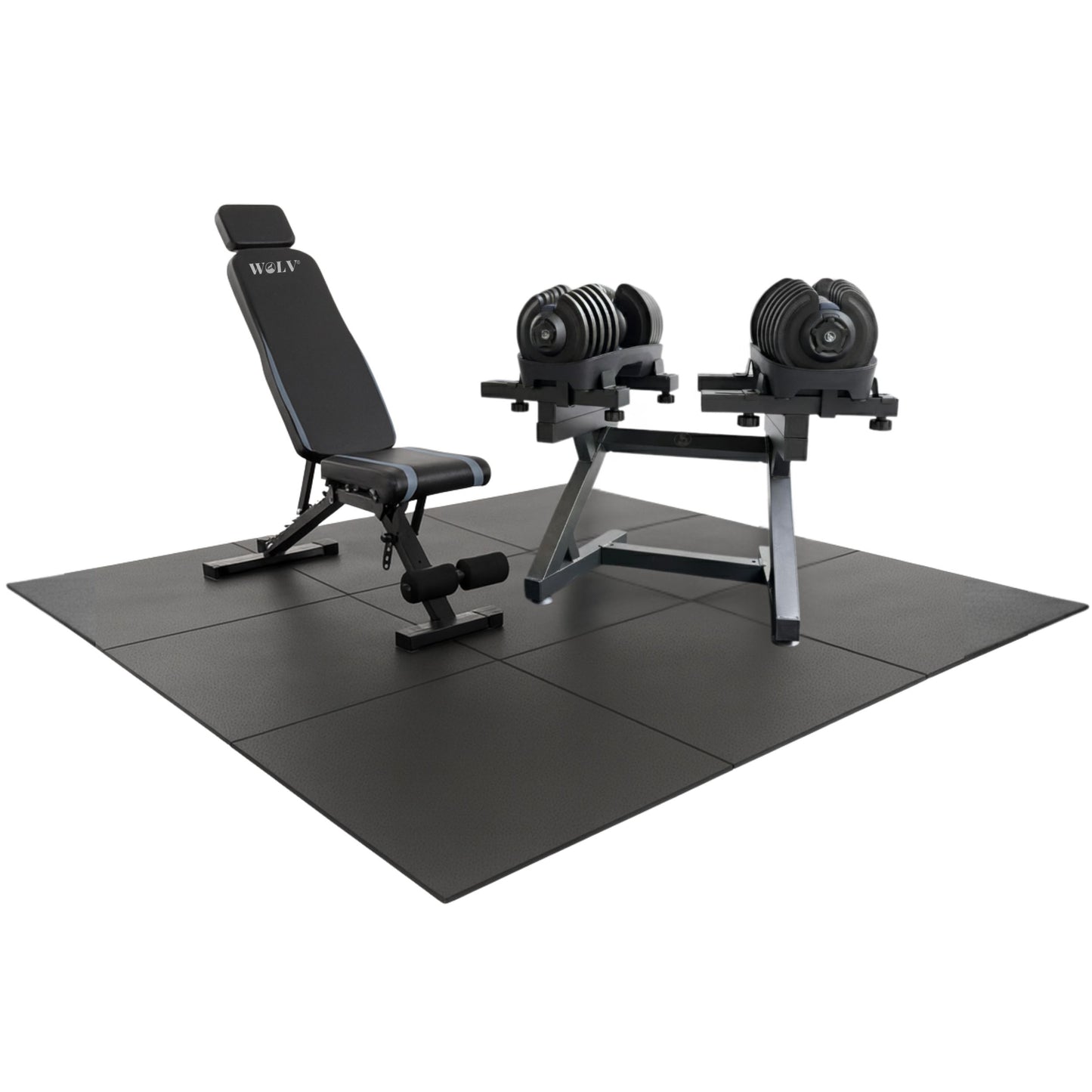 WOLV Ultimate Home Gym Pakket | Bastion Bank, 2×40 KG Dumbbells, Lift Rack & Rubberen Tegels (6 / 9 / 12 stuks)