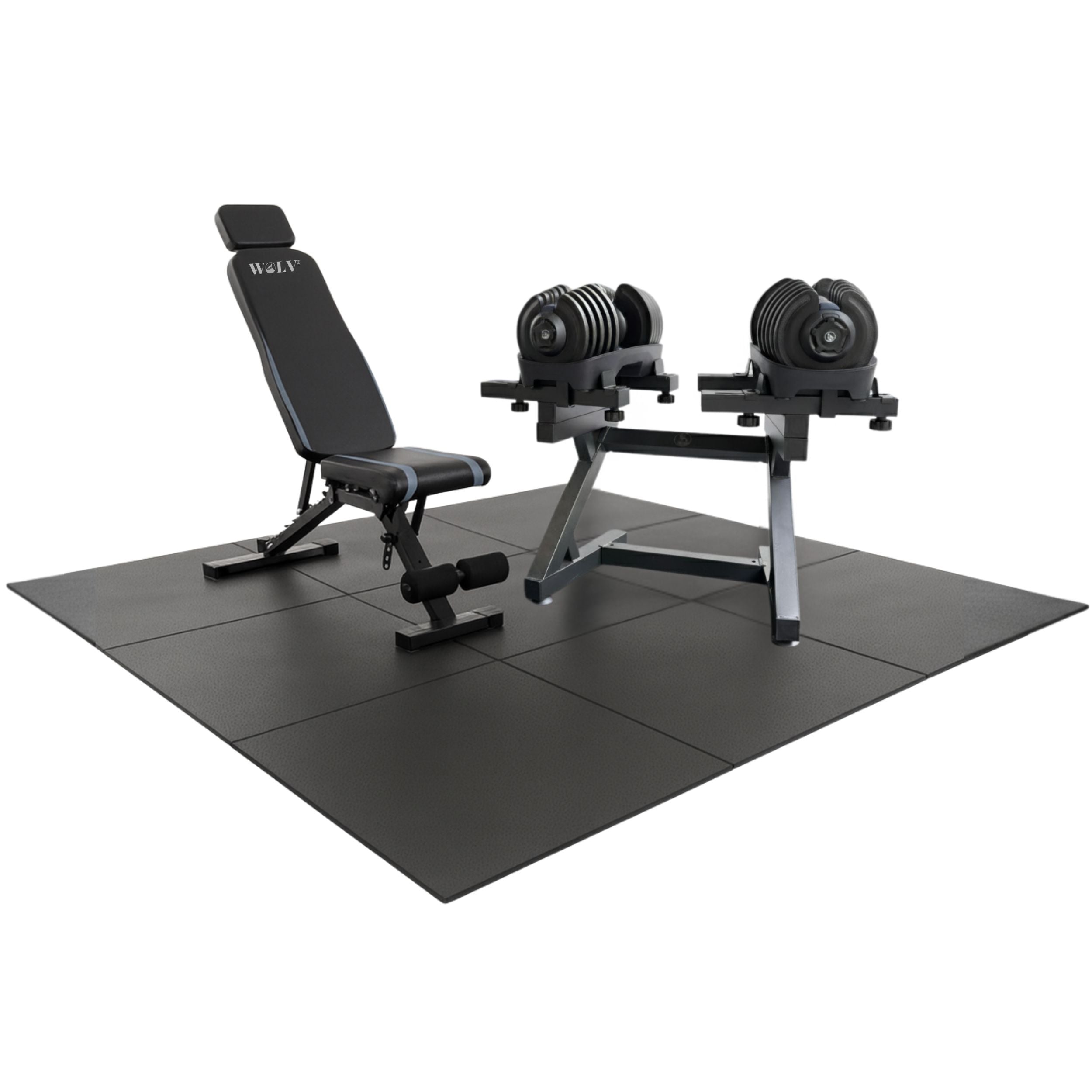 WOLV Ultimate Home Gym Pakket | Bastion Bank, 2×40 KG Halters, Halterrek & Rubberen Tegels