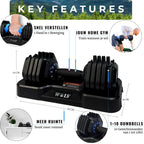 Kernfeatures van de WOLV 11 kg dumbbell: met een hand snel verstellen en tien gewichtsstappen van 1 tot 11 kg