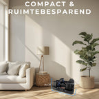 Infographic met de compacte voetafdruk van 39 x 18 x 16 cm van de 11 kg WOLV dumbbellset in een woonkamer