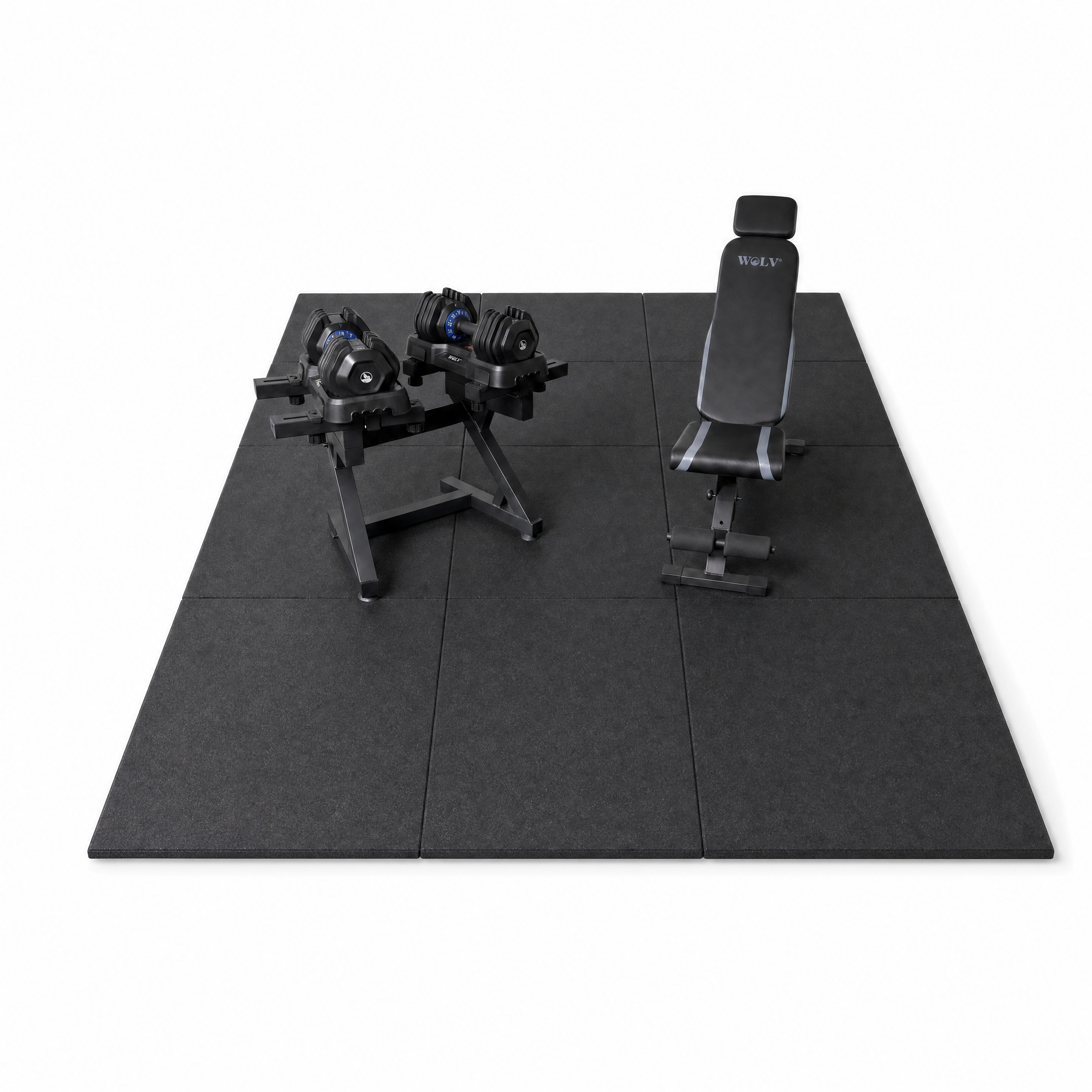 WOLV Home Gym Setup — Verstelbare Halters, Bank, Rek & Tegels