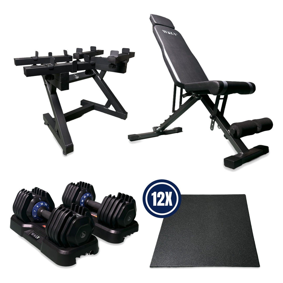 Wat zit erin bij WOLV Home Gym Setup B: 2× verstelbare halter van 25 kg, halterrek, Bastion-trainingsbank en 12 rubberen vloertegels (12 m²)