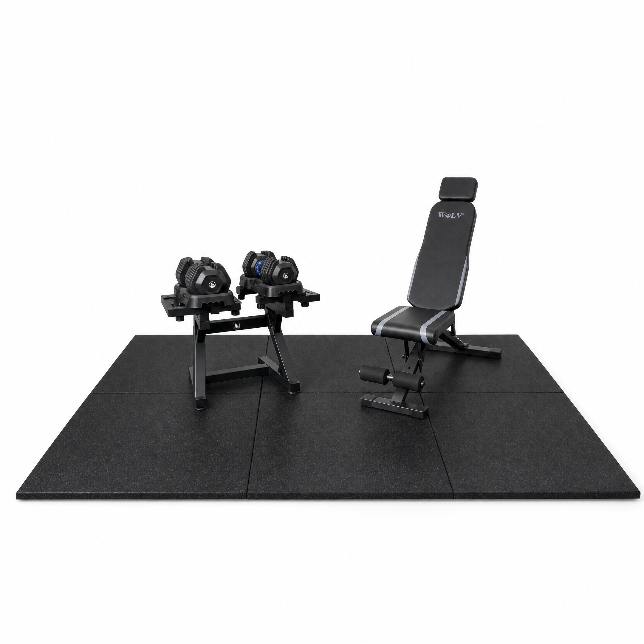 WOLV Home Gym Setup — Verstelbare Halters, Bank, Rek & Tegels