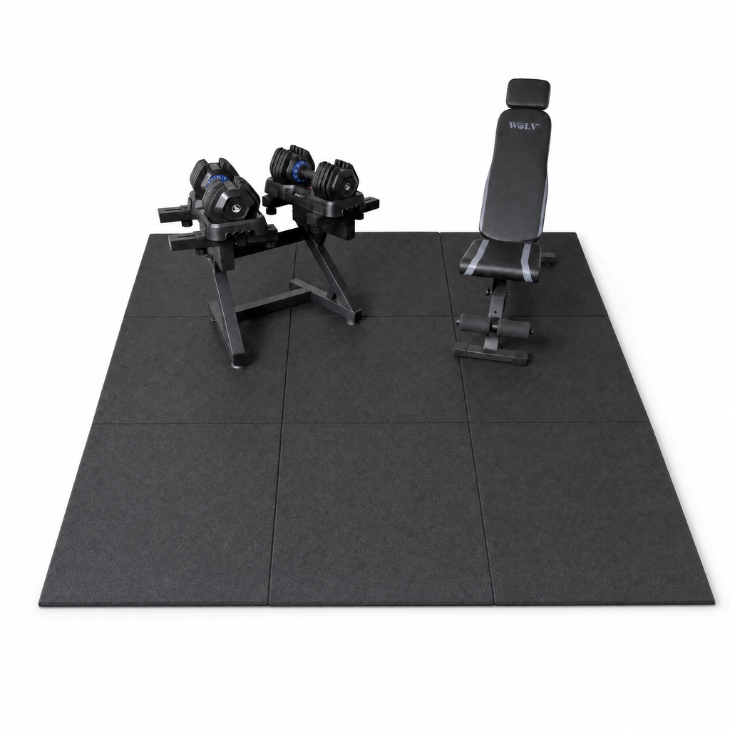 WOLV Home Gym Setup B with 25 kg adjustable dumbbells, Bastion bench, dumbbell rack and 9 m² rubber floor, on a white background
