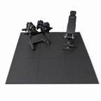 WOLV Home Gym Setup B with 25 kg adjustable dumbbells, Bastion bench, dumbbell rack and 9 m² rubber floor, on a white background