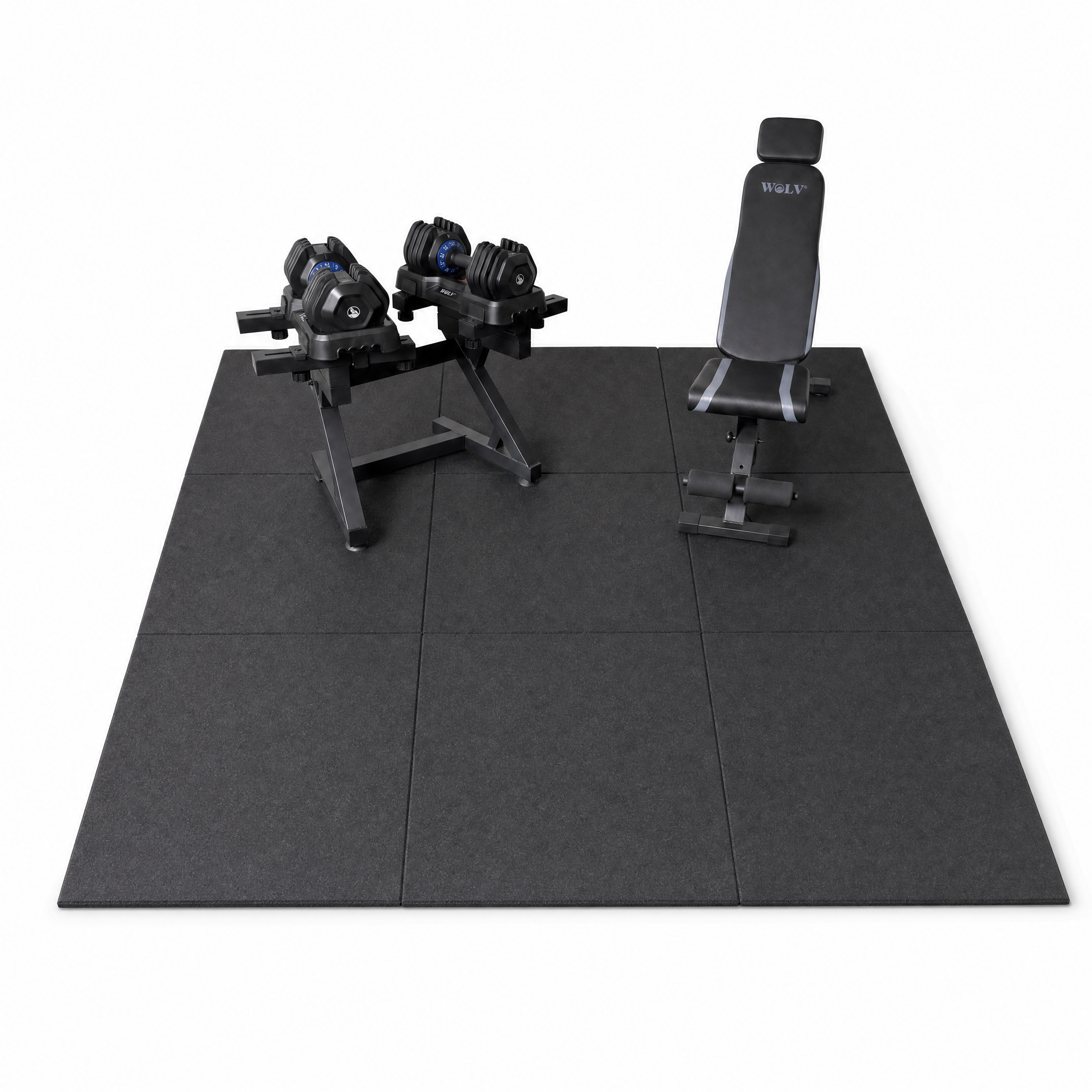 WOLV Home Gym Setup — Verstelbare Halters, Bank, Rek & Tegels