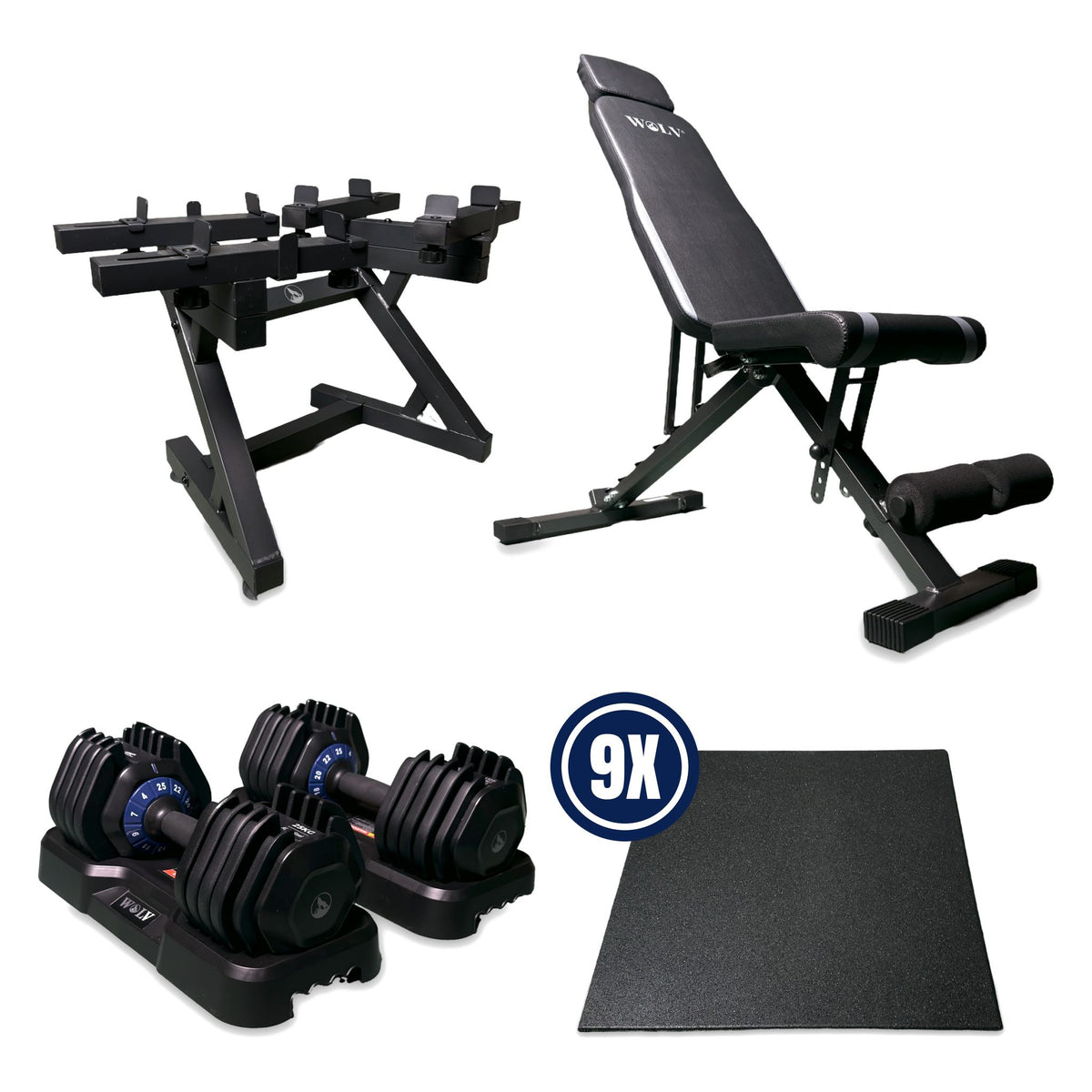 Wat zit erin bij WOLV Home Gym Setup B: 2× verstelbare halter van 25 kg, halterrek, Bastion-trainingsbank en 9 rubberen vloertegels (9 m²)