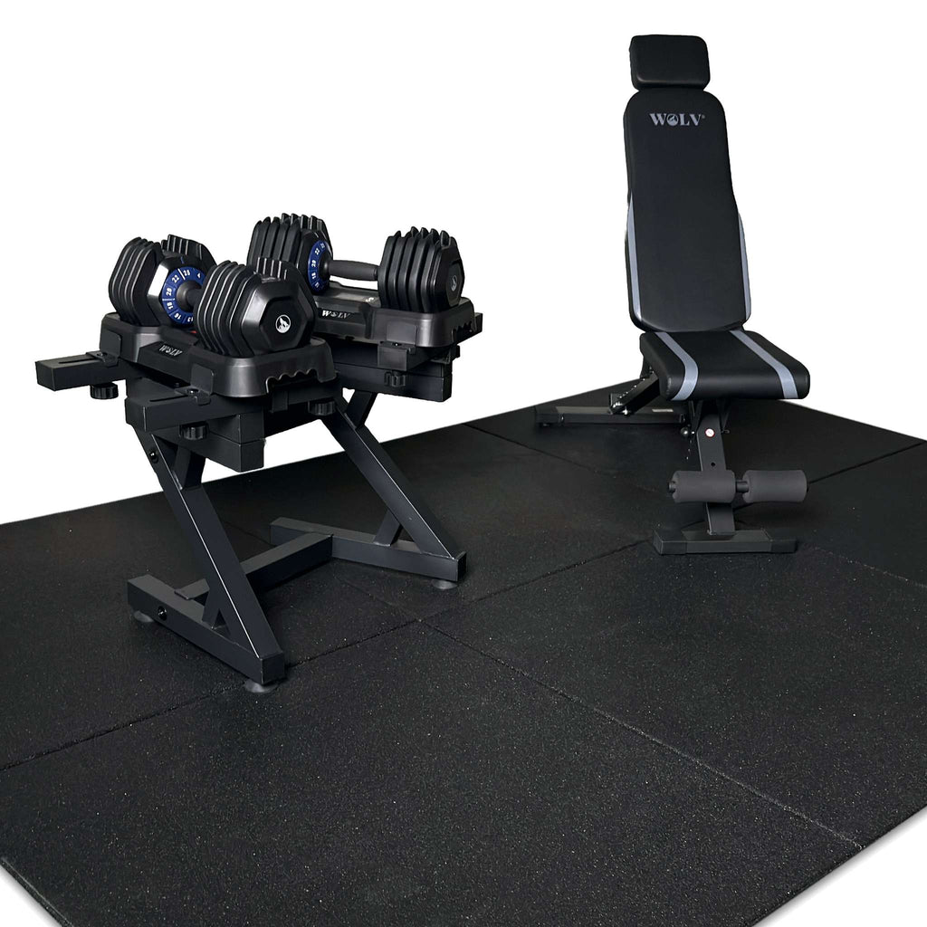 WOLV Home Gym Setup B with 25 kg adjustable dumbbells, dumbbell rack, Bastion weight bench and rubber floor tiles