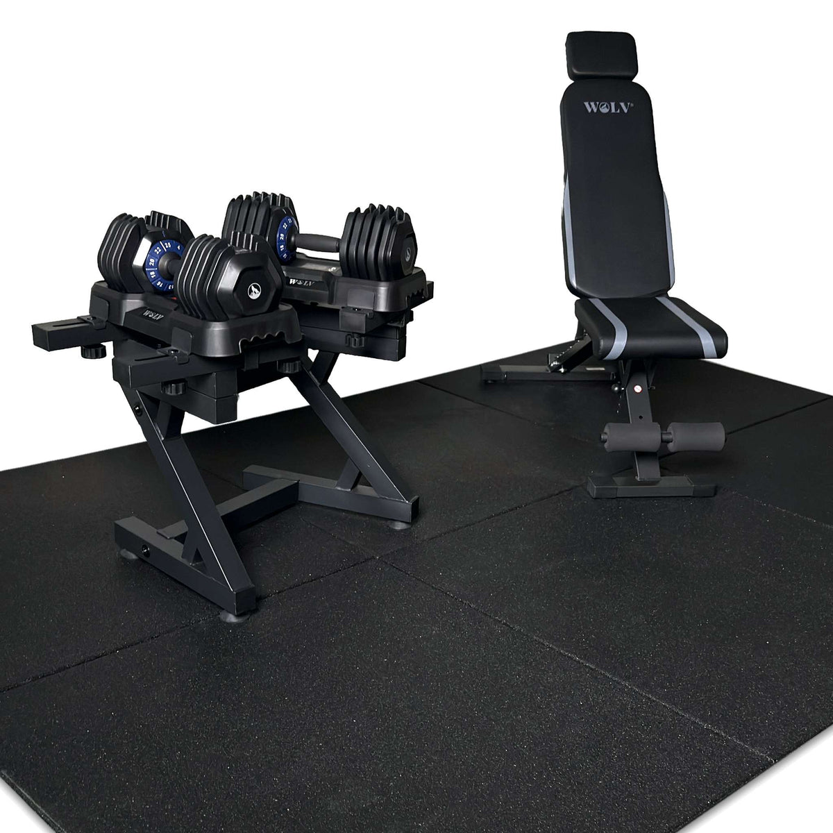 WOLV Home Gym Setup B met verstelbare halters van 25 kg, halterrek, Bastion-trainingsbank en rubberen vloertegels