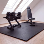 WOLV Home Gym Setup B with 25 kg dumbbells in an attic home gym