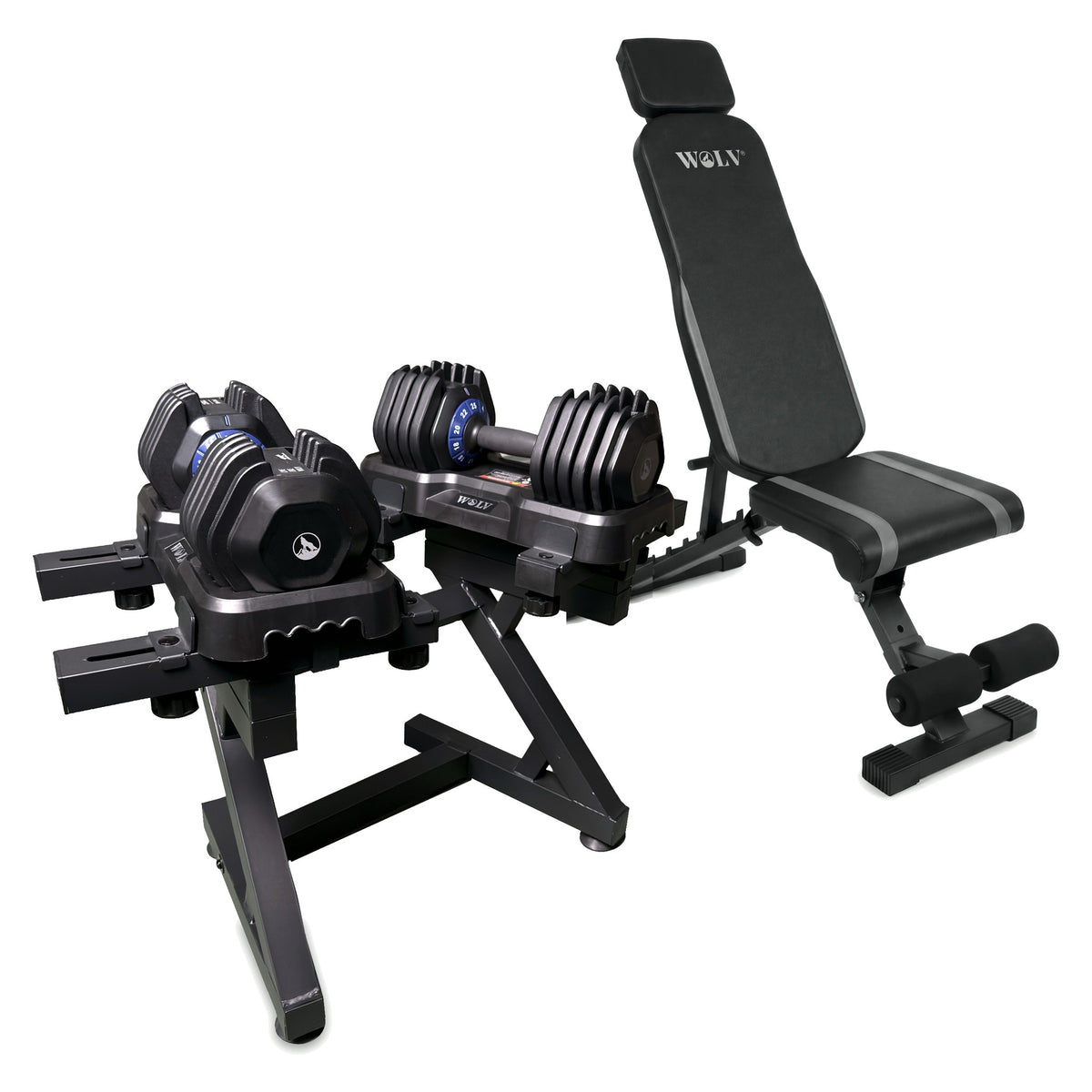 WOLV Home Gym Setup A with 25 kg adjustable dumbbells, dumbbell rack and Bastion weight bench