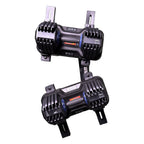 Bovenaanzicht van beide 25 kg Alpha Steel dumbbells vastgezet in de rackarmen van het WOLV halterrek