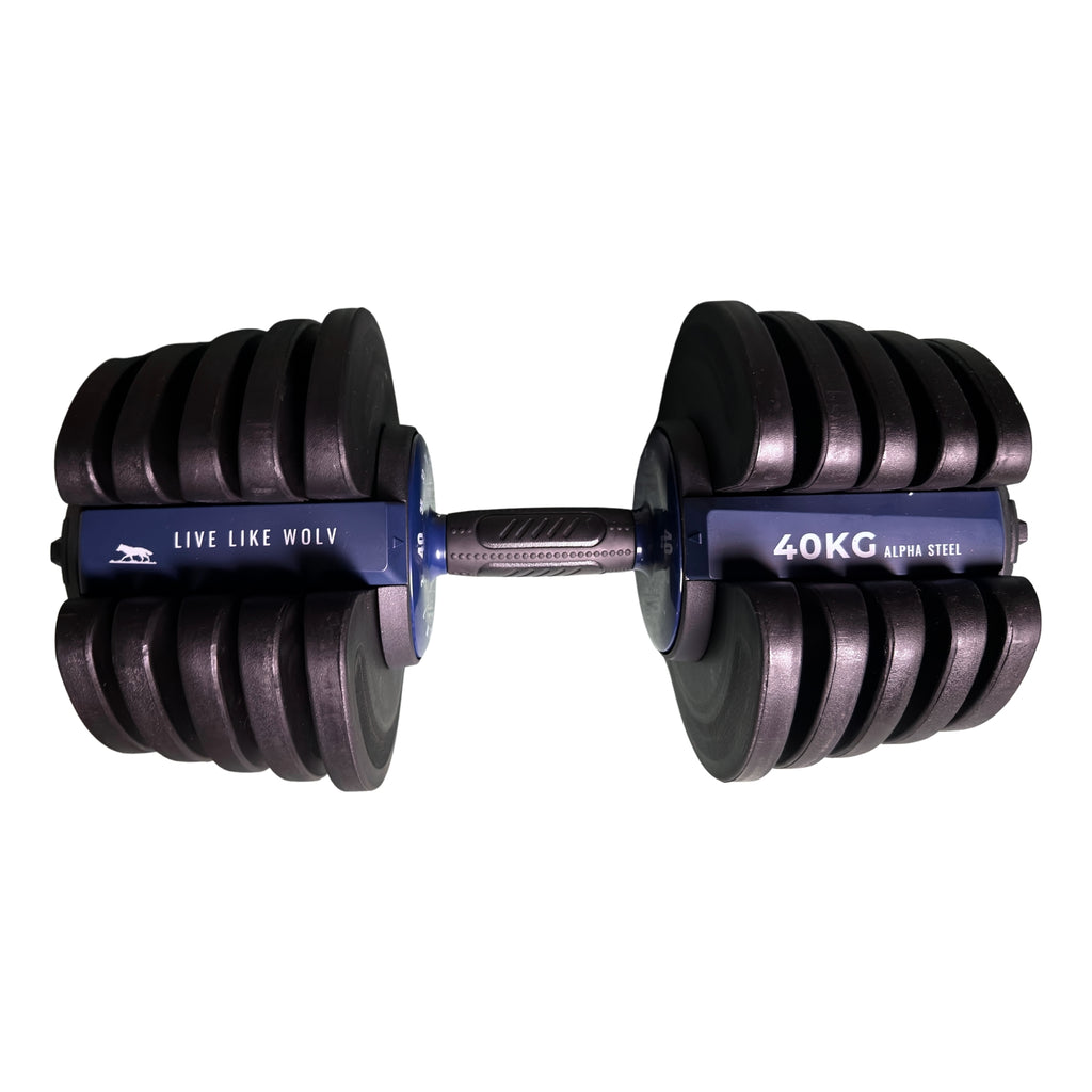 WOLV adjustable dumbbell 40 kg from the side, navy 40KG Alpha Steel spine and Live Like WOLV lettering