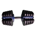 WOLV adjustable dumbbell 40 kg from the side, navy 40KG Alpha Steel spine and Live Like WOLV lettering