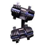 Bovenaanzicht van beide WOLV dumbbells op het halterrek met zichtbare 40KG Alpha Steel labels