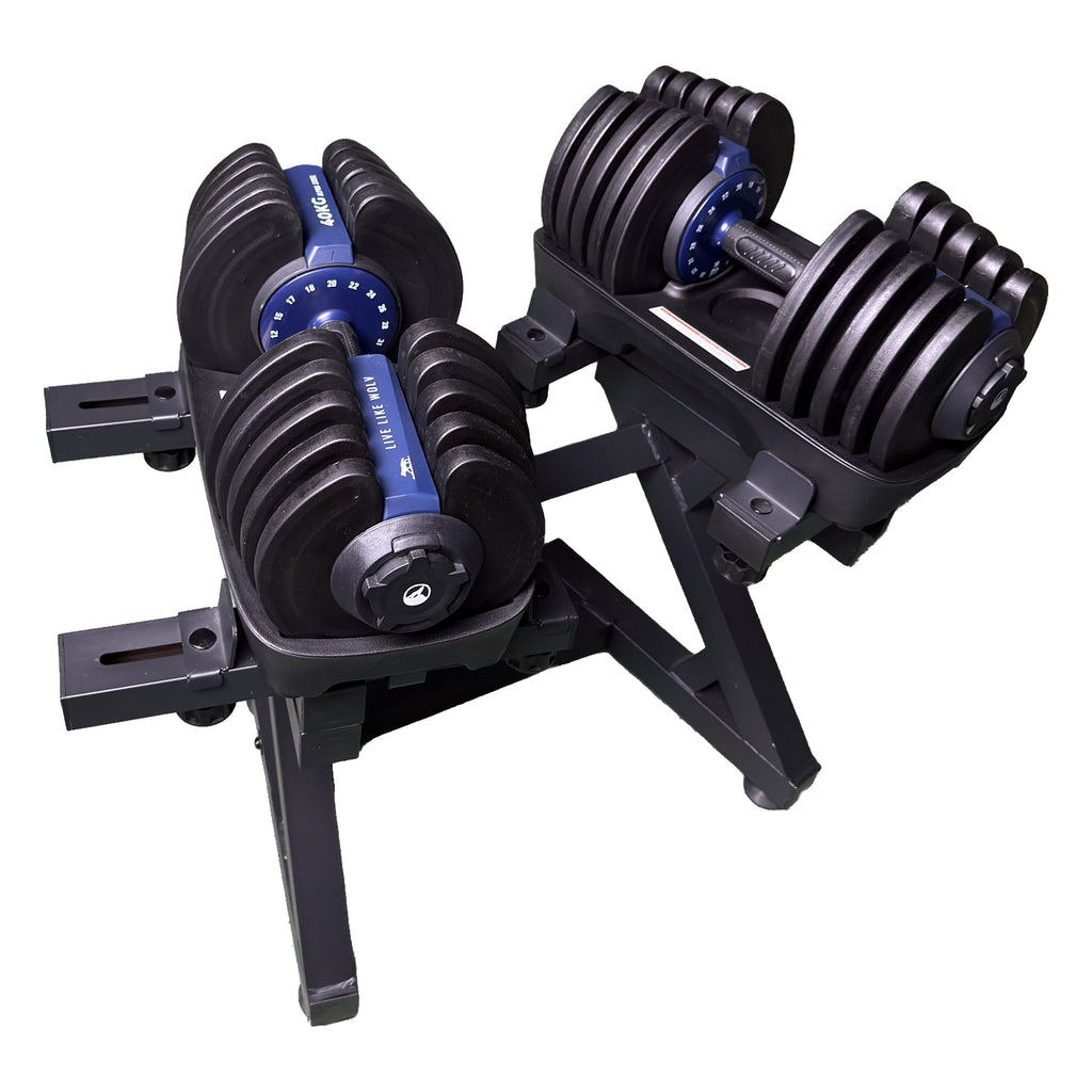 Schuin aanzicht van het 40 kg dumbbellpaar op het WOLV halterrek met donkerblauwe draaiknoppen naar boven