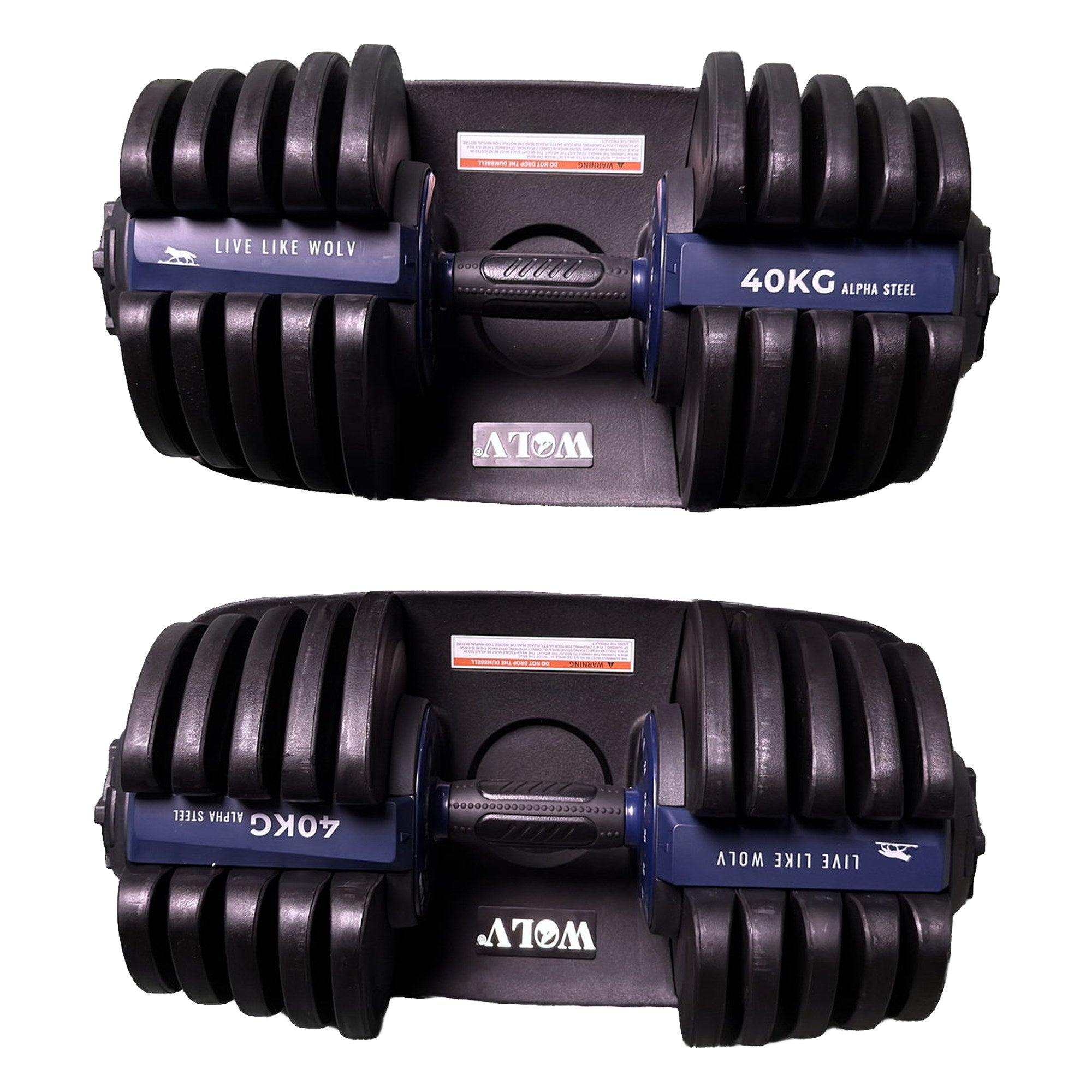 Mirrored side profiles of the WOLV dumbbell pair in trays with 40KG Alpha Steel branding
