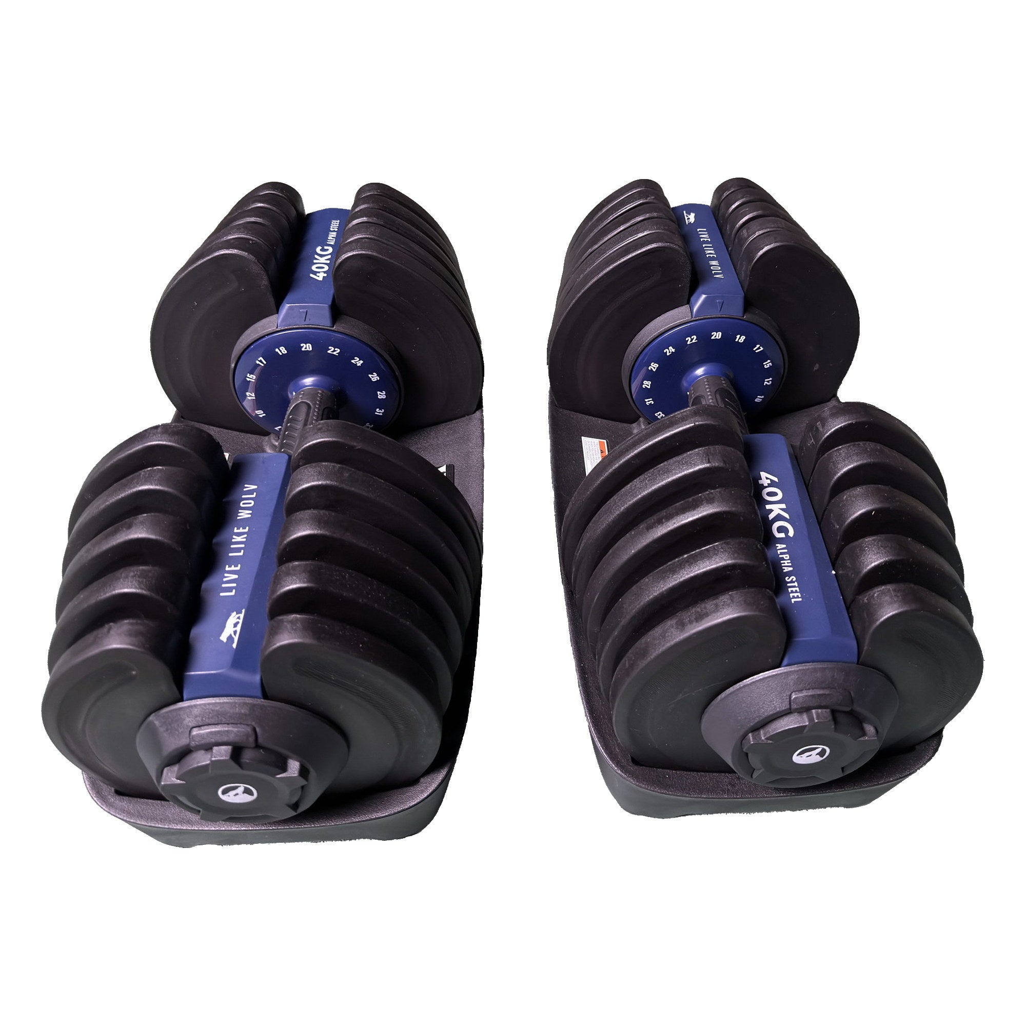 Overhead angle on the 40 kg dumbbell pair in trays, numbered dials and navy 40KG bars visible