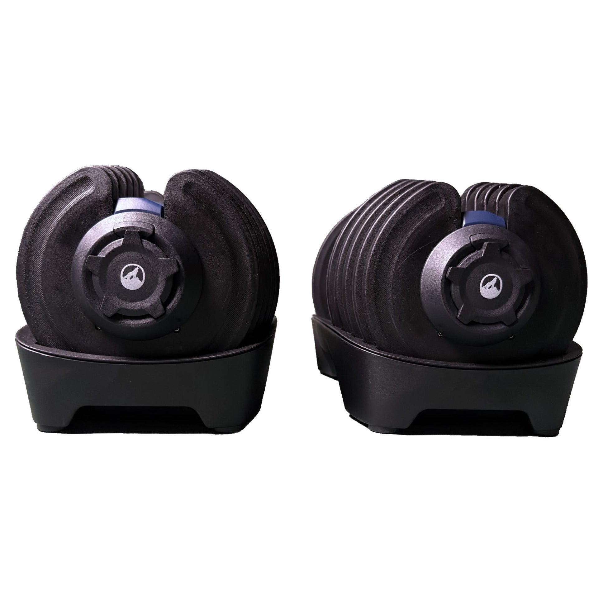 Both 40 kg adjustable dumbbells resting in trays, wolf-logo locking caps facing the camera