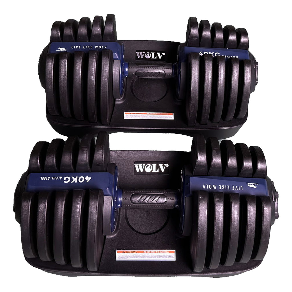Front view of both WOLV 40 kg dumbbells seated in their logo-badged base trays
