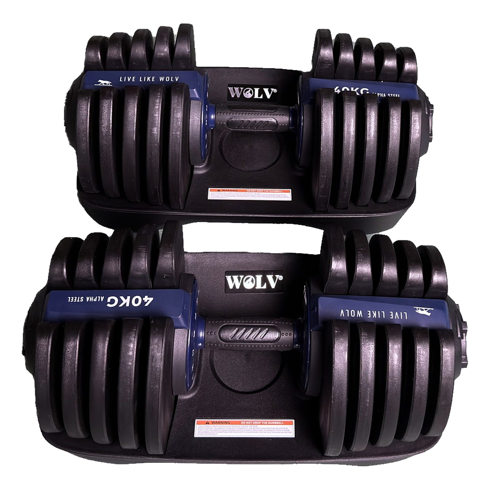 Front view of both WOLV 40 kg dumbbells seated in their logo-badged base trays