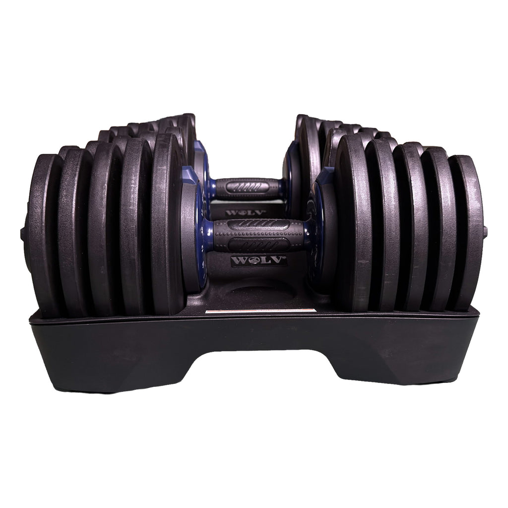 Head-on view of the 40 kg dumbbell pair with grip handles and full plate stacks in their trays