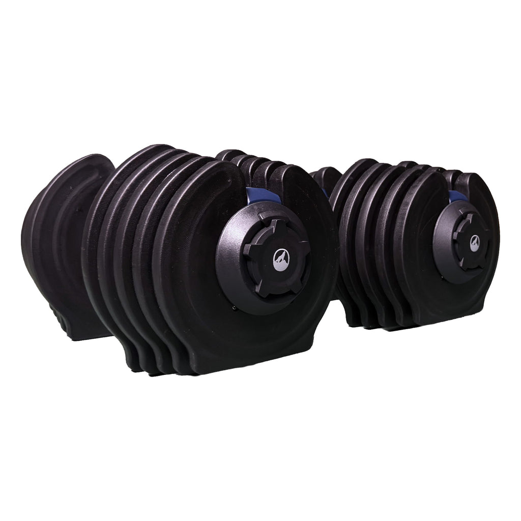 End caps of the WOLV dumbbell pair with wolf emblems on the star locking knobs