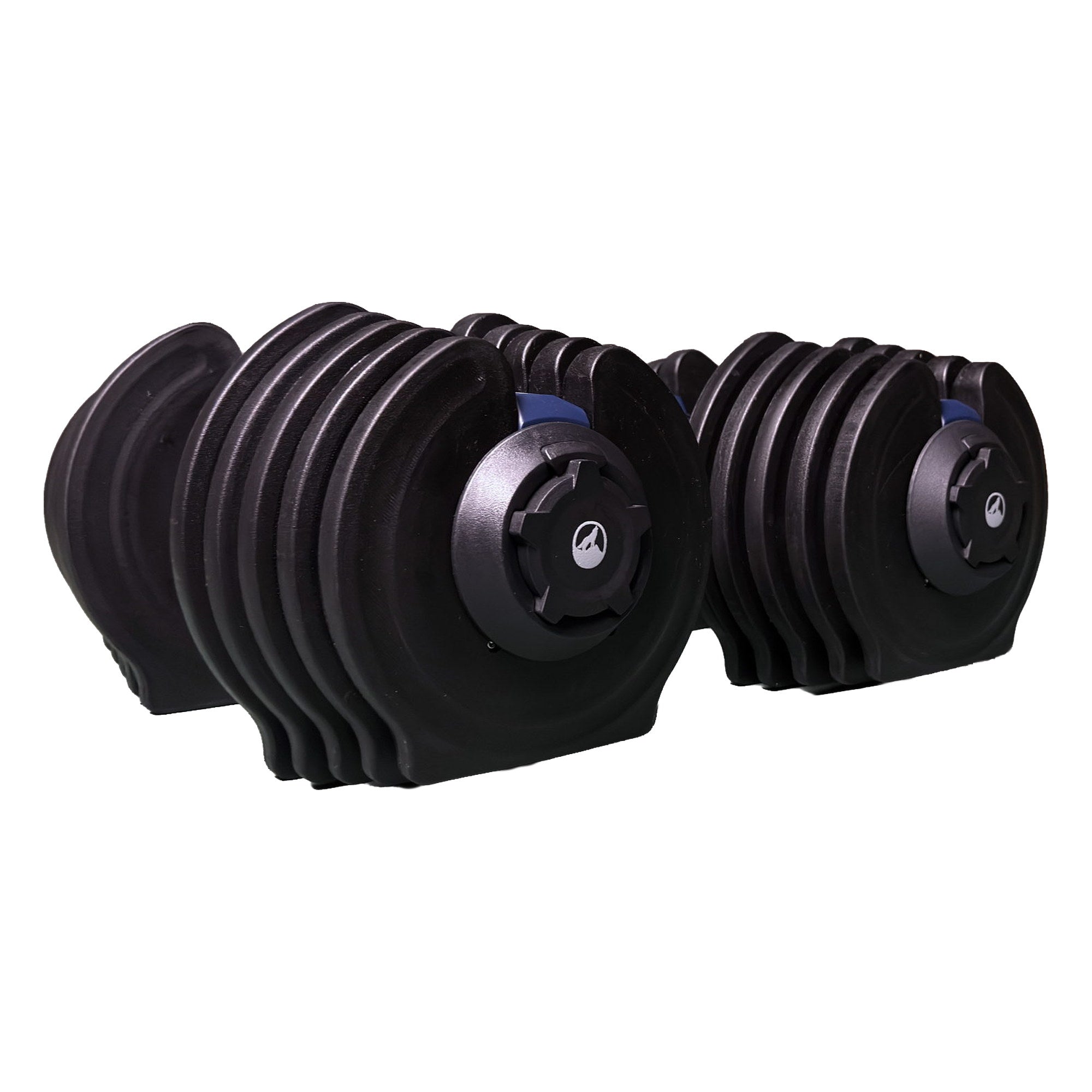 End caps of the WOLV dumbbell pair with wolf emblems on the star locking knobs