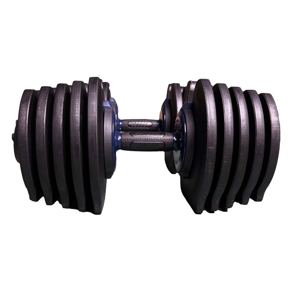 Close front view of one dumbbell from the WOLV set showing textured grip and blue collar between plates