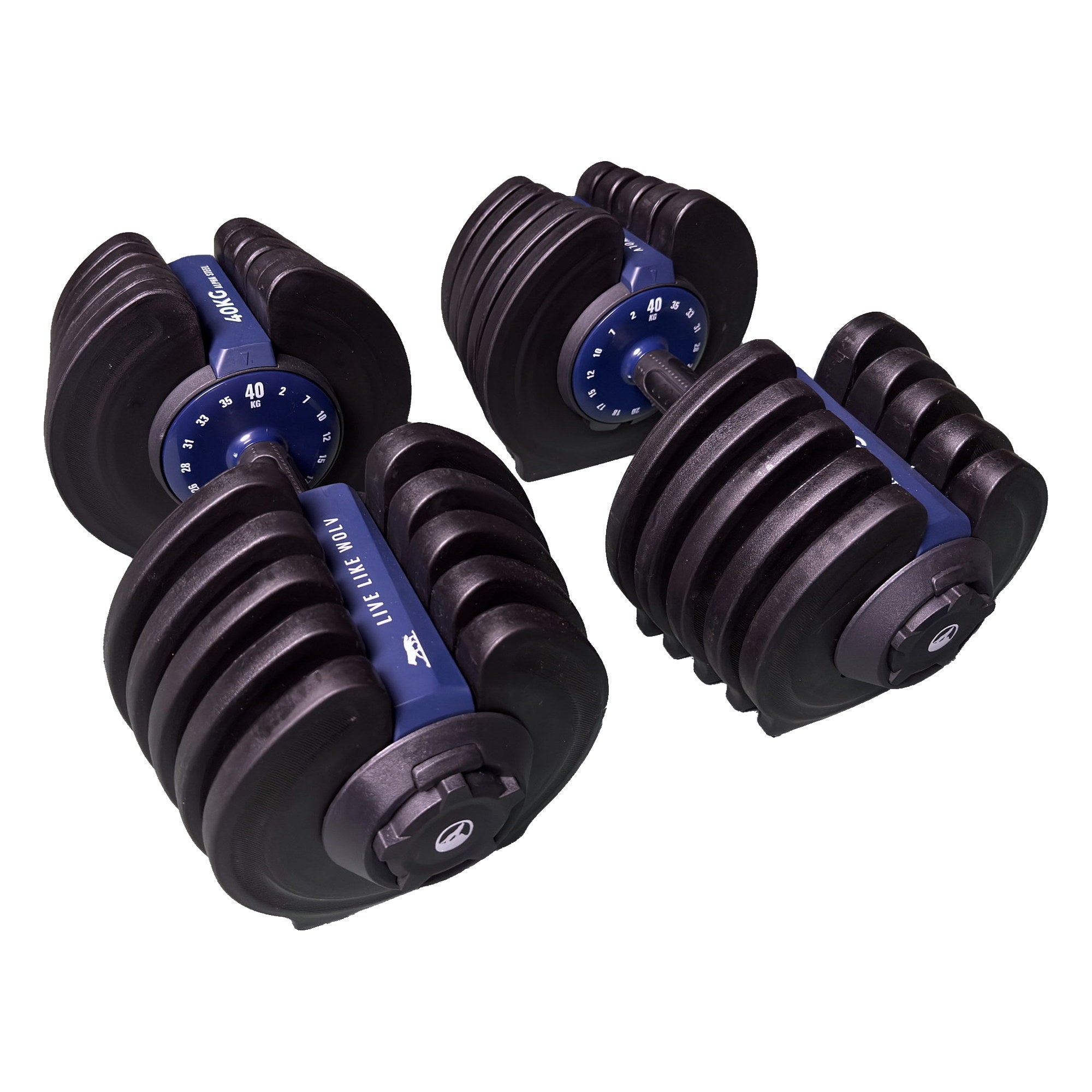 Three-quarter view of the WOLV adjustable dumbbells 40 kg set with dials turned to full weight