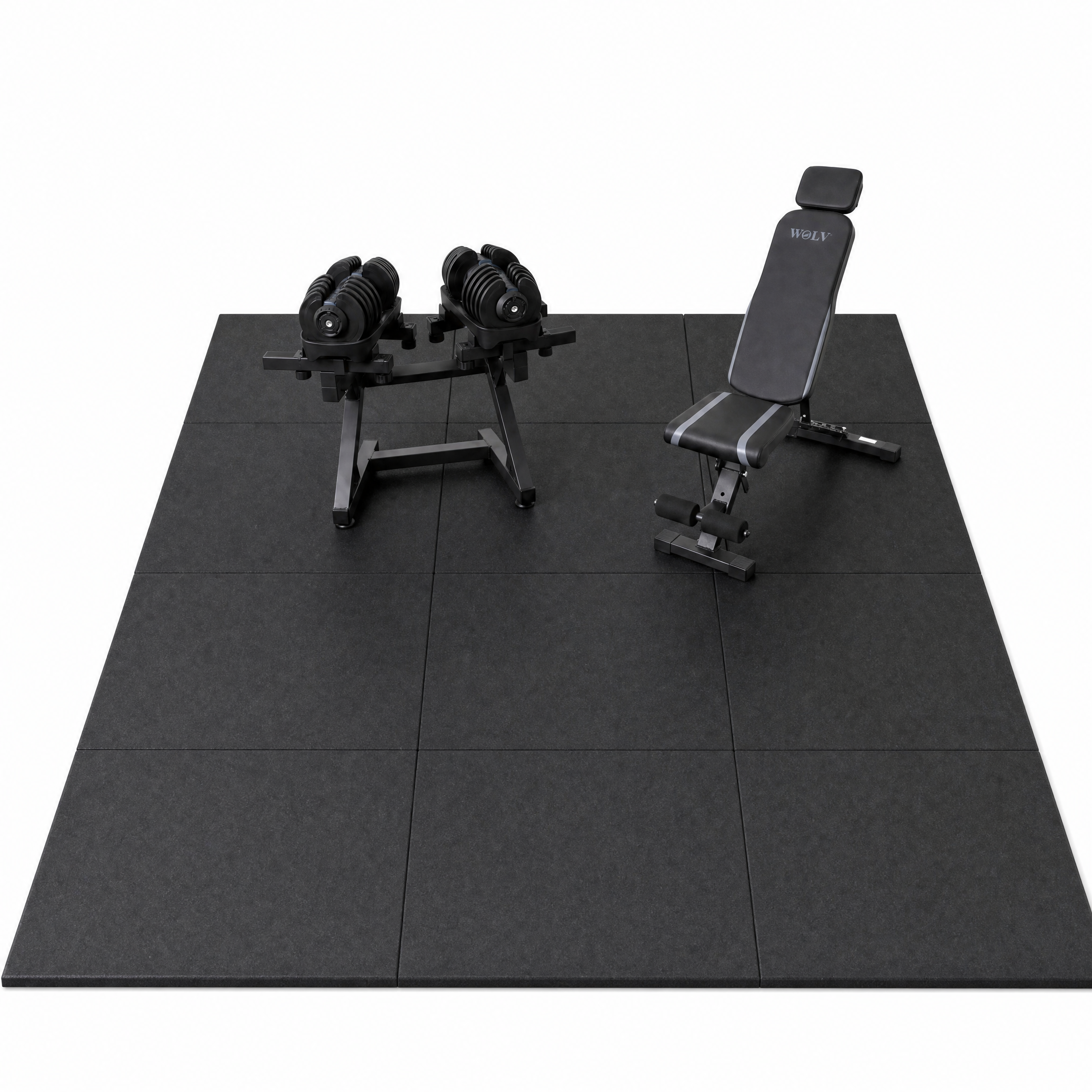 WOLV Home Gym Setup — Verstelbare Halters, Bank, Rek & Tegels
