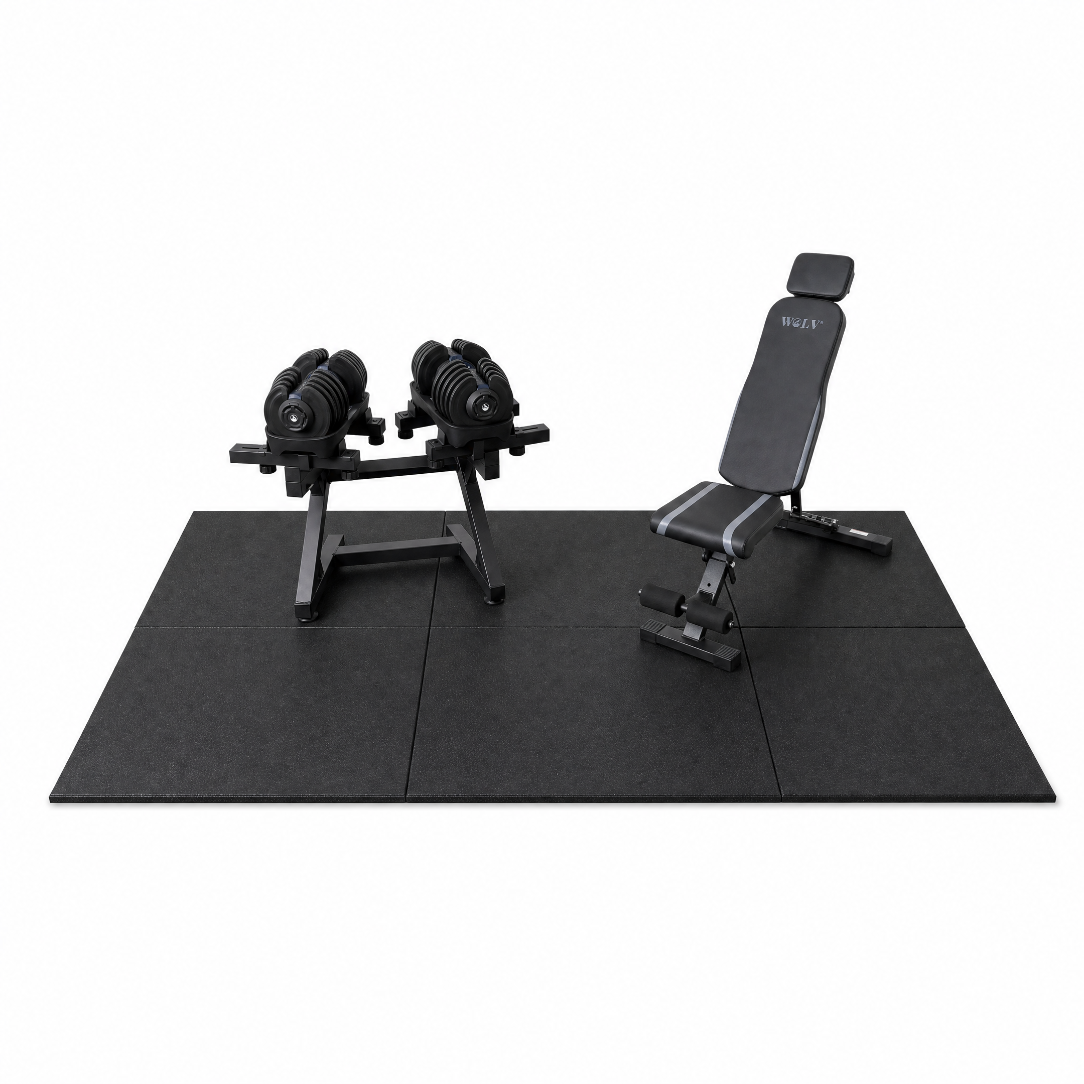 WOLV Home Gym Setup — Verstelbare Halters, Bank, Rek & Tegels