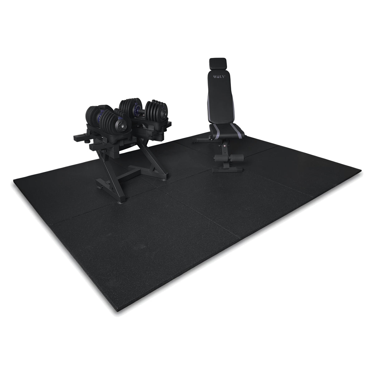 Black rubber gym floor mat with a dual-weight dumbbell rack with 40 KG adjustable dumbbells and a black adjustable weight bench placed on it, shown on a white background.