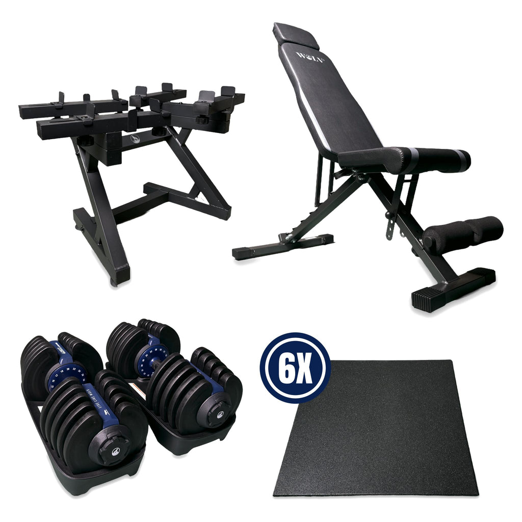 Wat zit erin bij WOLV Home Gym Setup B: 2× verstelbare halter van 40 kg, halterrek, Bastion-trainingsbank en 6 rubberen vloertegels (6 m²)