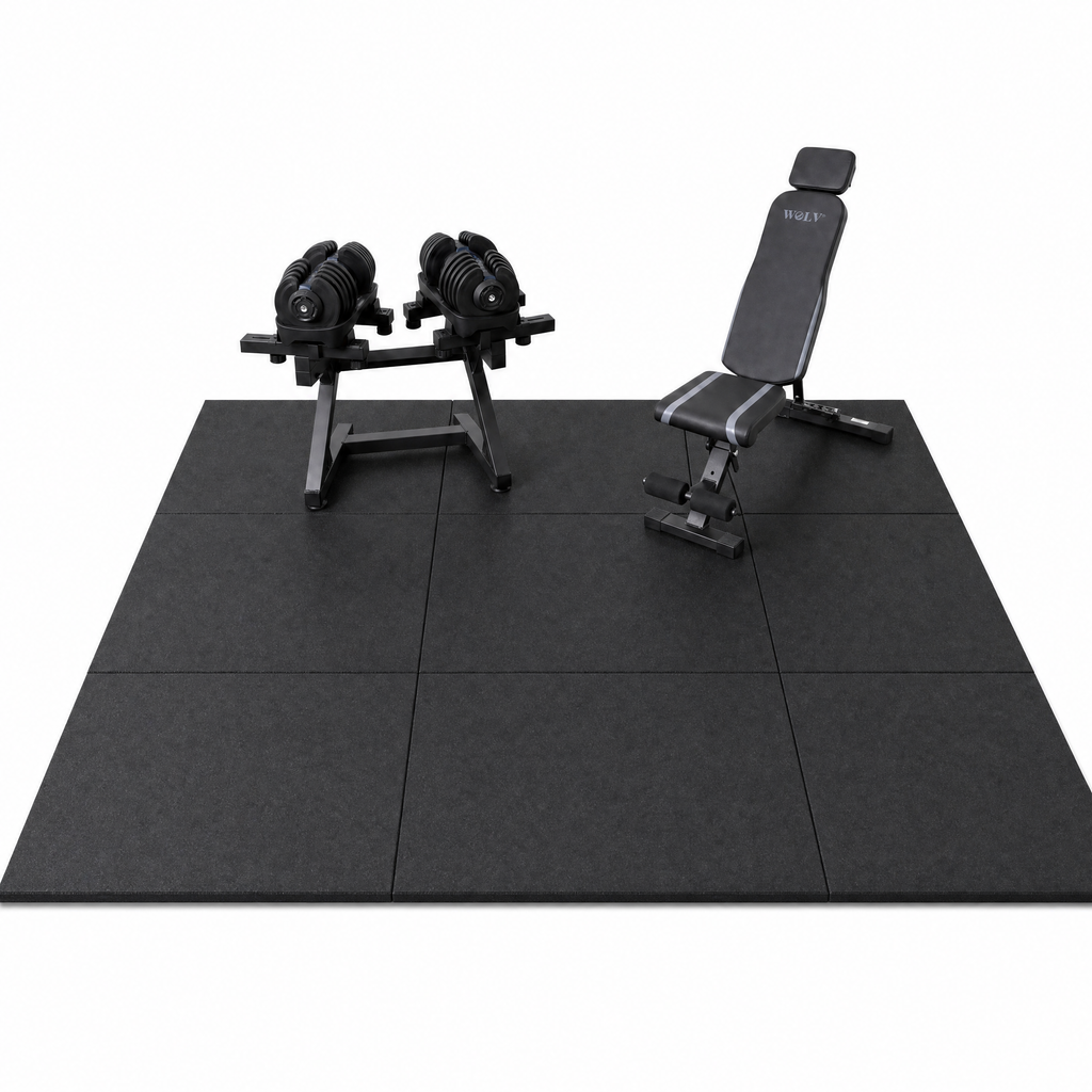 WOLV Home Gym Setup — Adjustable Dumbbells, Bench, Rack & Tiles