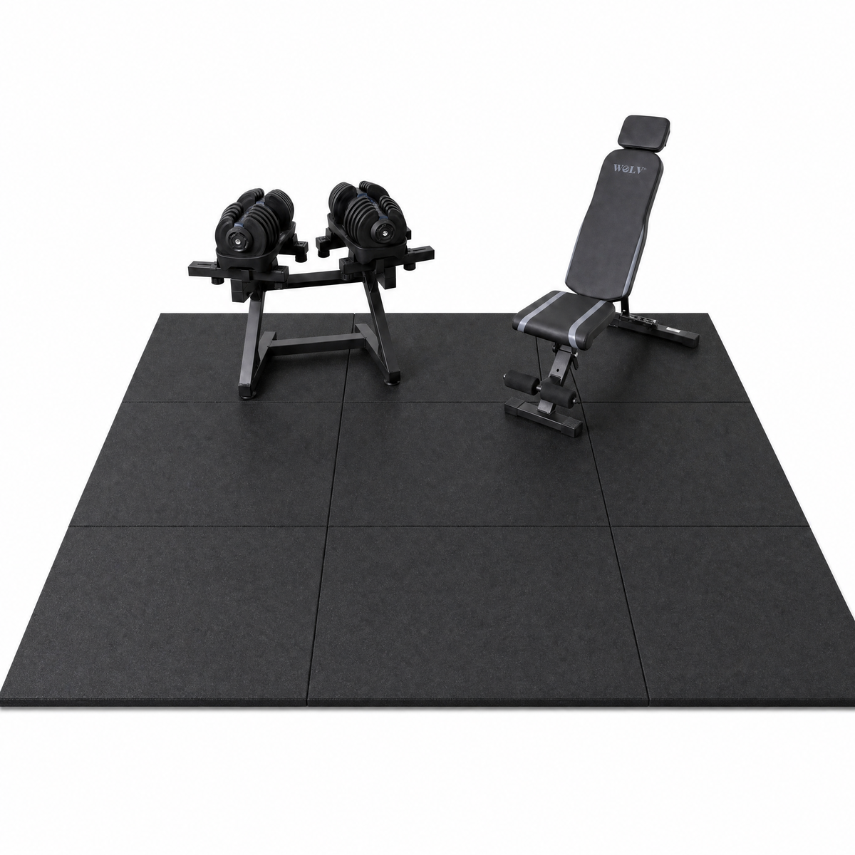 WOLV Home Gym Setup — Verstelbare Halters, Bank, Rek & Tegels
