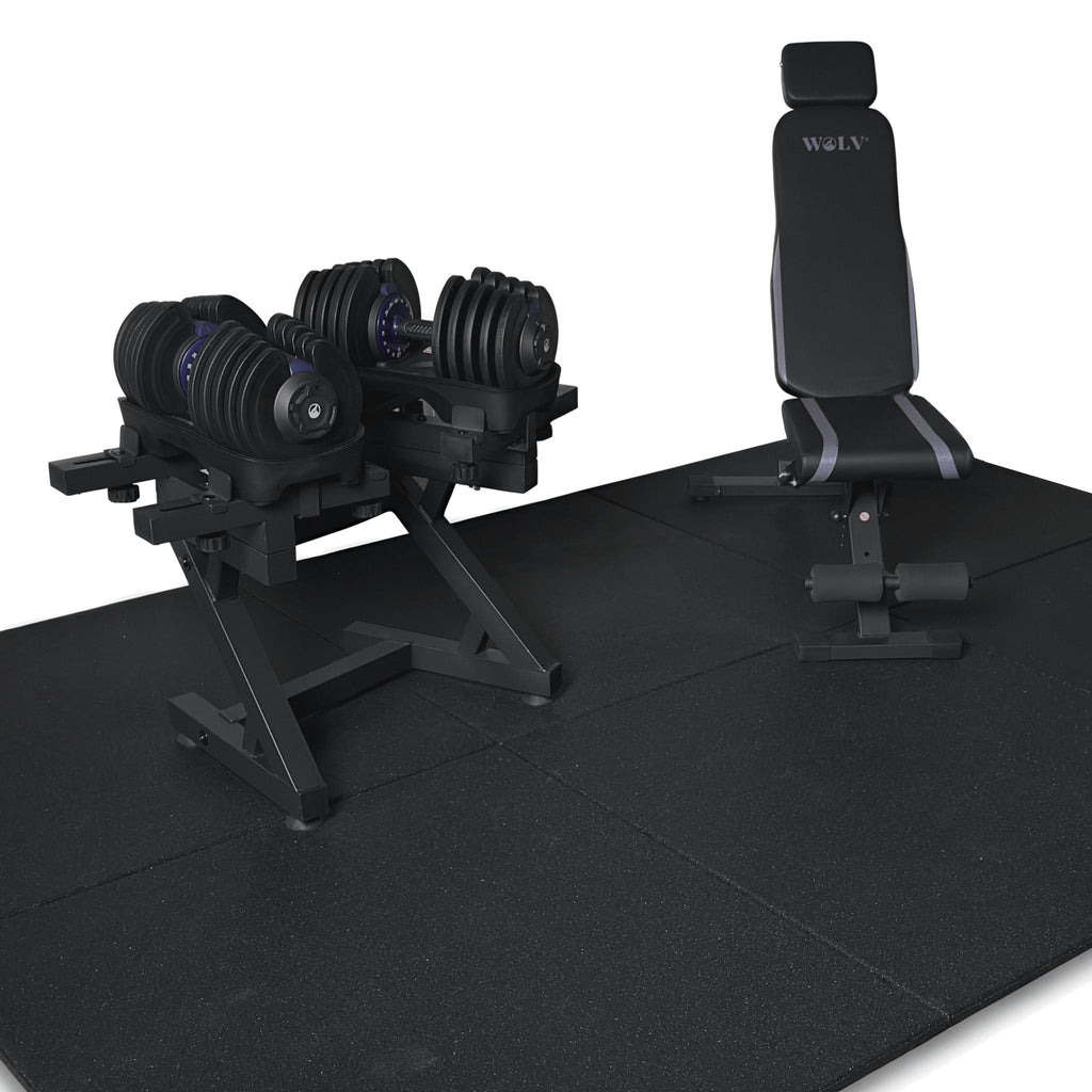 WOLV Home Gym Setup B met verstelbare halters van 40 kg, halterrek, Bastion-trainingsbank en rubberen vloertegels