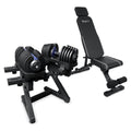 WOLV Home Gym Setup A with 40 kg adjustable dumbbells on a dumbbell rack and the Bastion adjustable bench, on a white background