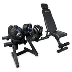 WOLV Home Gym Setup A with 40 kg adjustable dumbbells on a dumbbell rack and the Bastion adjustable bench, on a white background